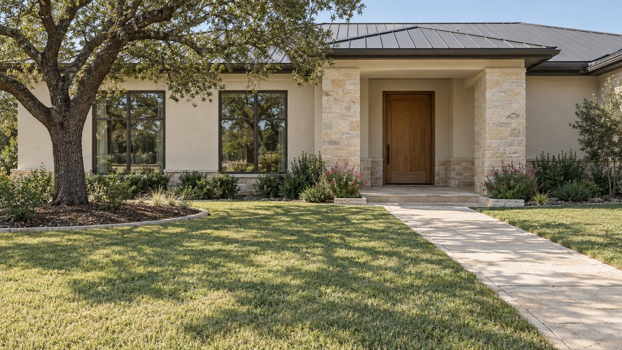 Stone-and-stucco home with a recessed oak entry, standing-seam roof, limestone walk, broad lawn, and mature live oak.