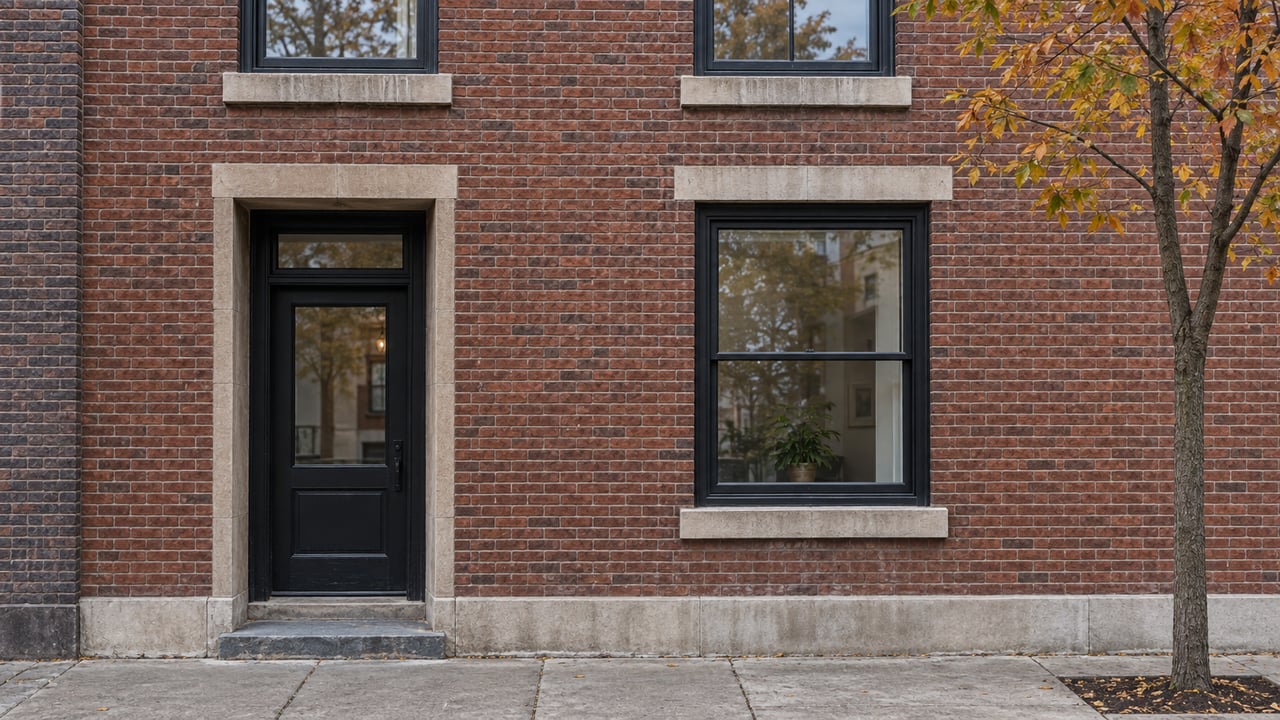 Four-story red-brick apartment facade with stone trim, black-framed windows, recessed glazed door, and a street tree.