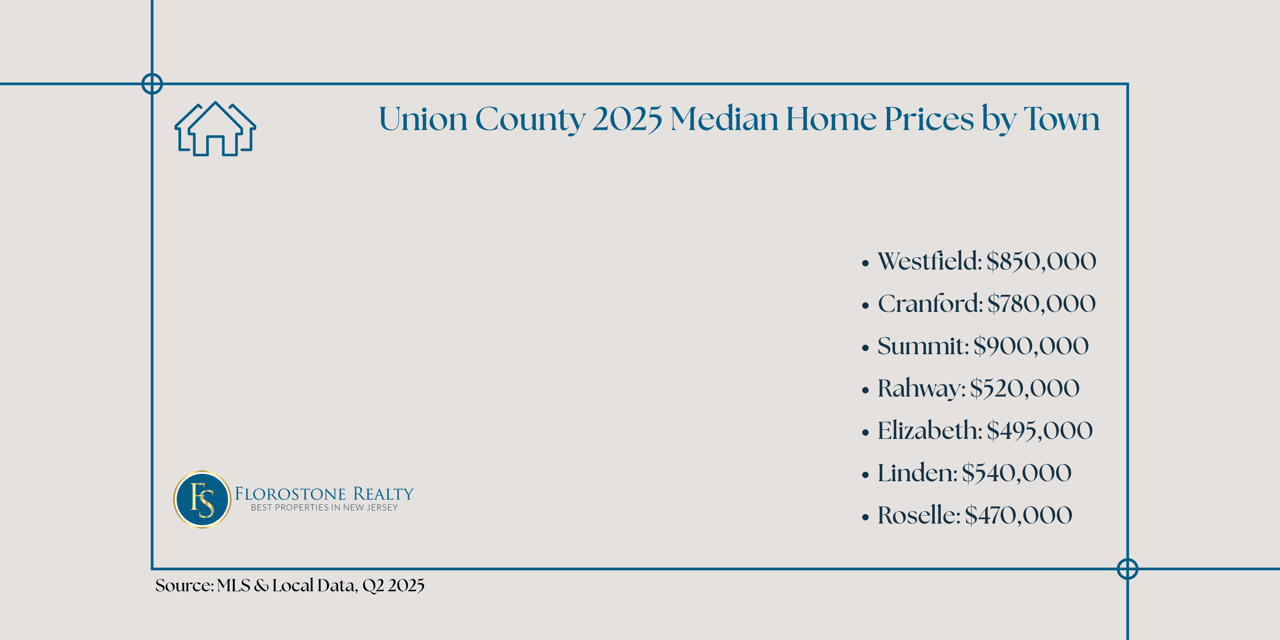 Chart showing median home prices in key Union County towns in 2025, highlighting value differences for sellers across markets.