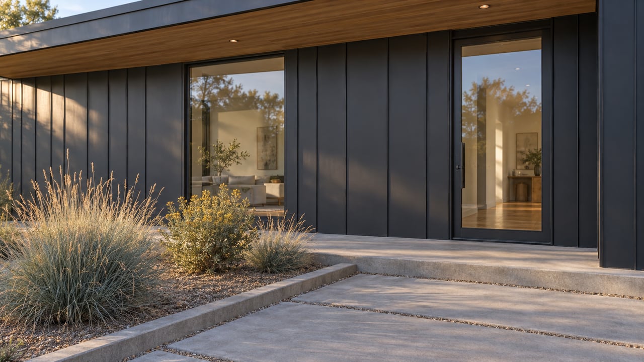 Contemporary home entry with a glazed door, cedar soffit, concrete approach slabs, and ornamental grasses.