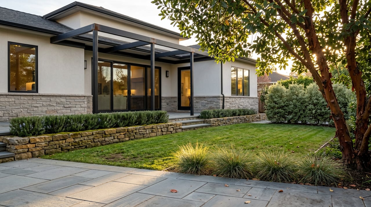 Bluestone patio, trimmed lawn, and stone retaining wall in front of a stucco-and-stone home with a covered patio.