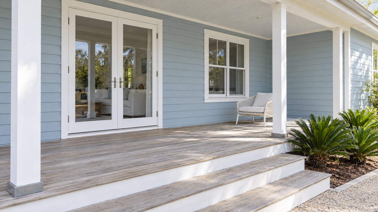 Sea-blue cottage porch with white French doors, weathered light timber decking and one woven outdoor chair beside sunlit coontie plants.