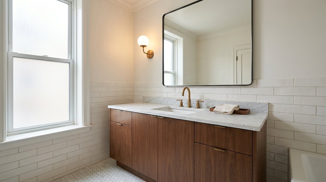 Marble bathroom vanity beneath a frosted window, with walnut cabinetry and brass fixtures.