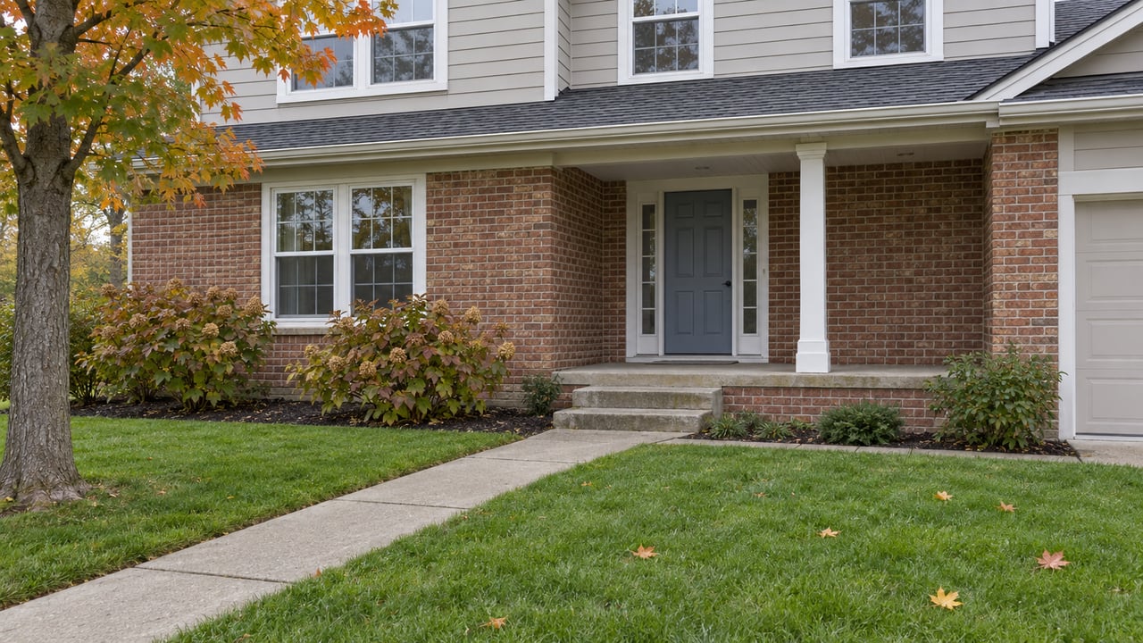 Two-story brick-and-siding house with a covered entry, concrete walkway, and autumn leaves.