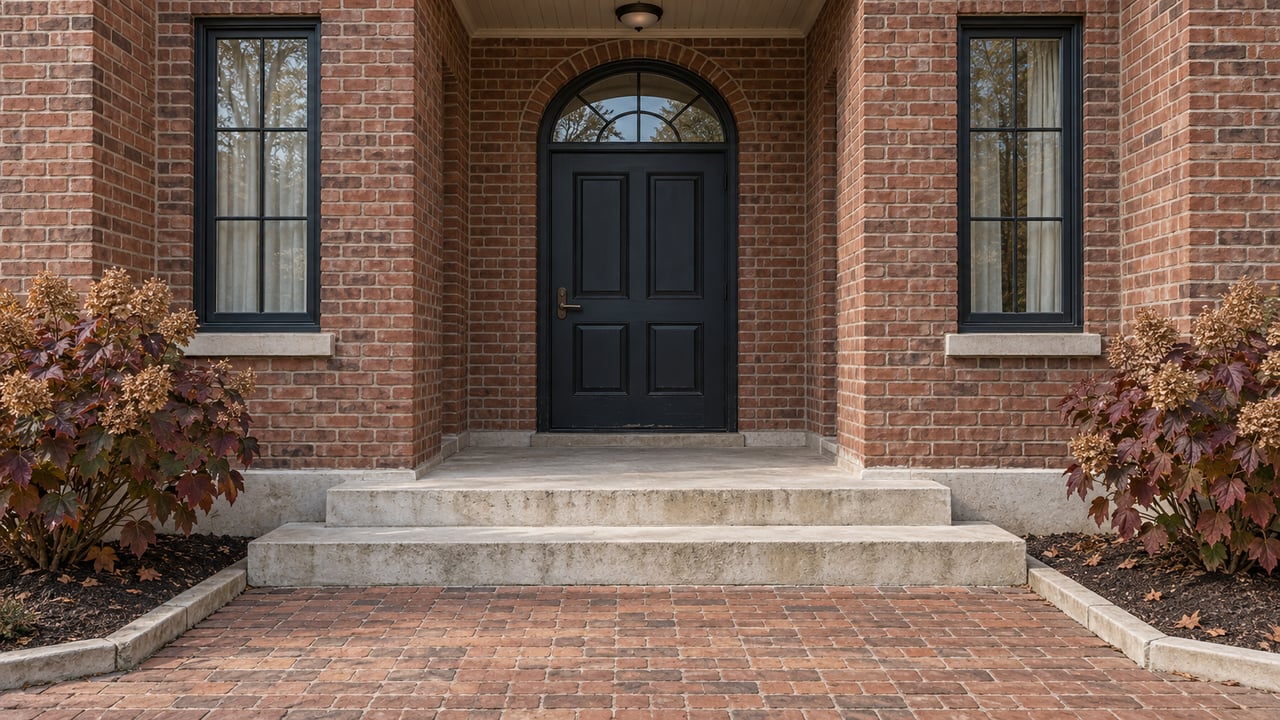 Red-brown brick home entrance with an arched transom, limestone steps, and oakleaf hydrangeas in autumn color.