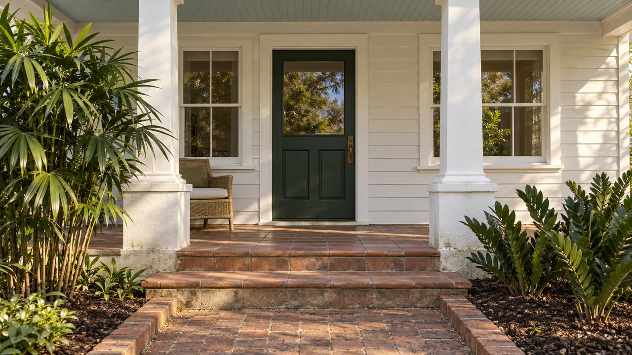 White clapboard porch with a pale blue ceiling, deep-green glazed door, worn terracotta steps and carefully edged subtropical planting.