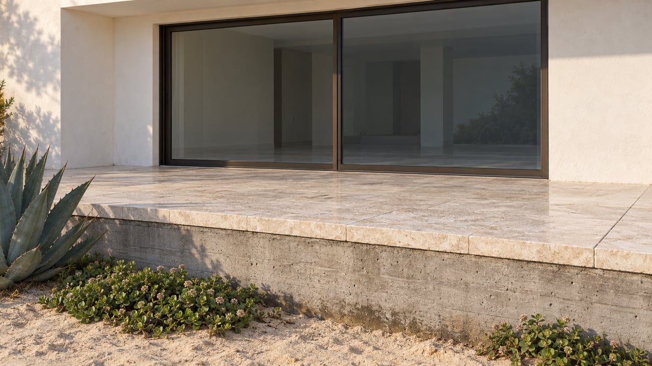 White stucco beachfront house with bronze-framed glass doors above a limestone terrace and concrete retaining wall.