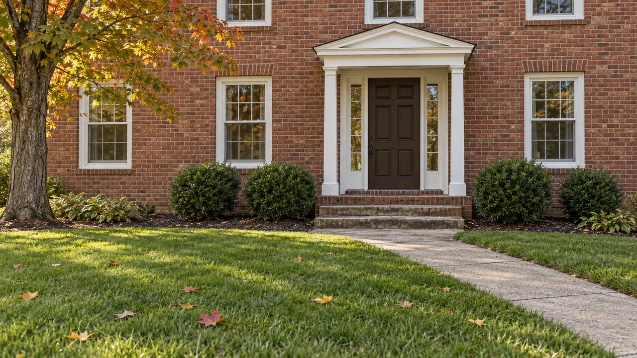 Red-brown brick home with paired white-trimmed windows, a sheltered front entry, broad lawn and an established maple tree.