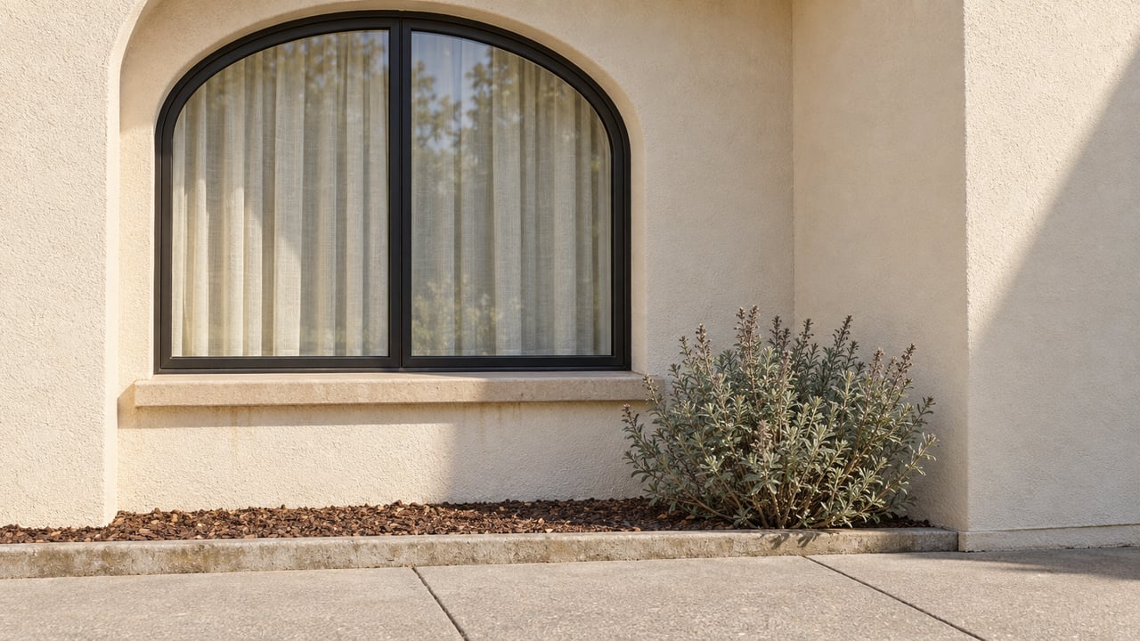 Afternoon sunlight on an arched black-framed window in ivory stucco, above a limestone sill and a sage planting beside a concrete approach.