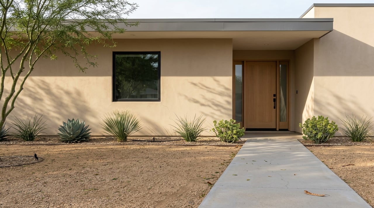 Sand-beige stucco home with a recessed oak entry, steel-framed window, desert plants, and a sharp diagonal shadow.