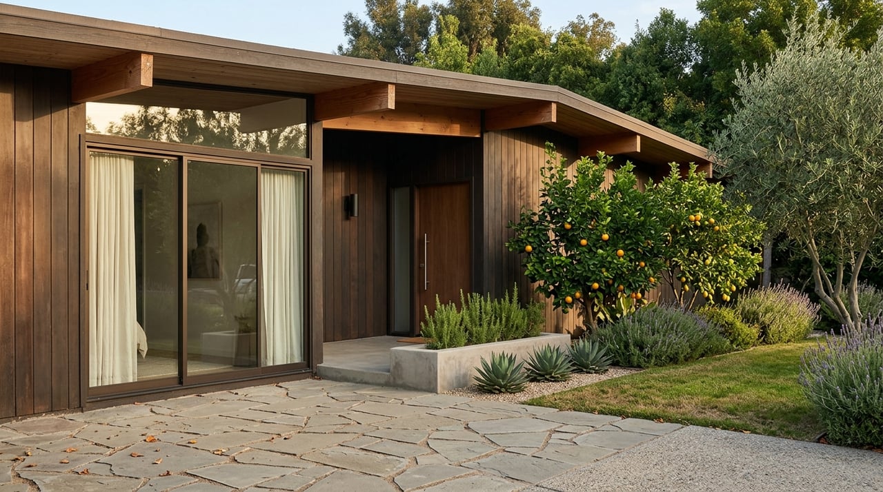 Mid-century modern home exterior with natural materials and clean architectural lines.