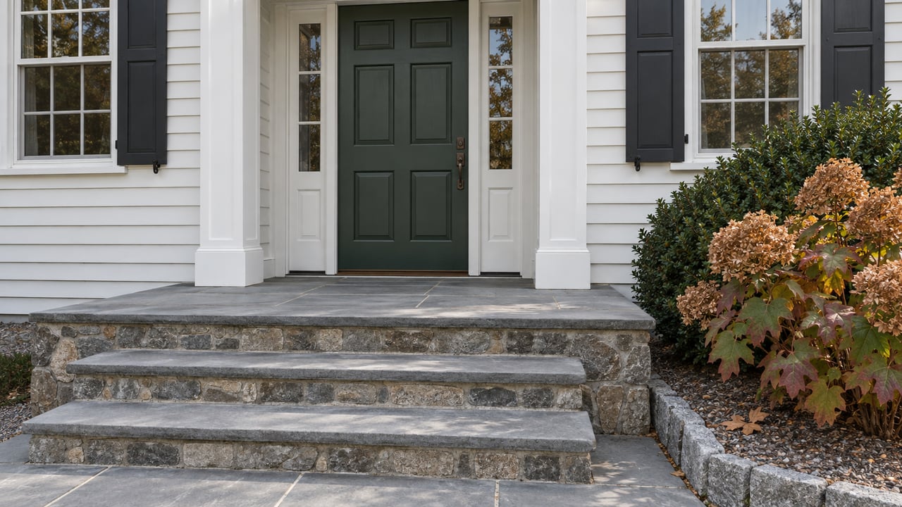 Muted green front door with paired sidelights, white clapboard, weathered bluestone steps and russet oakleaf hydrangea.