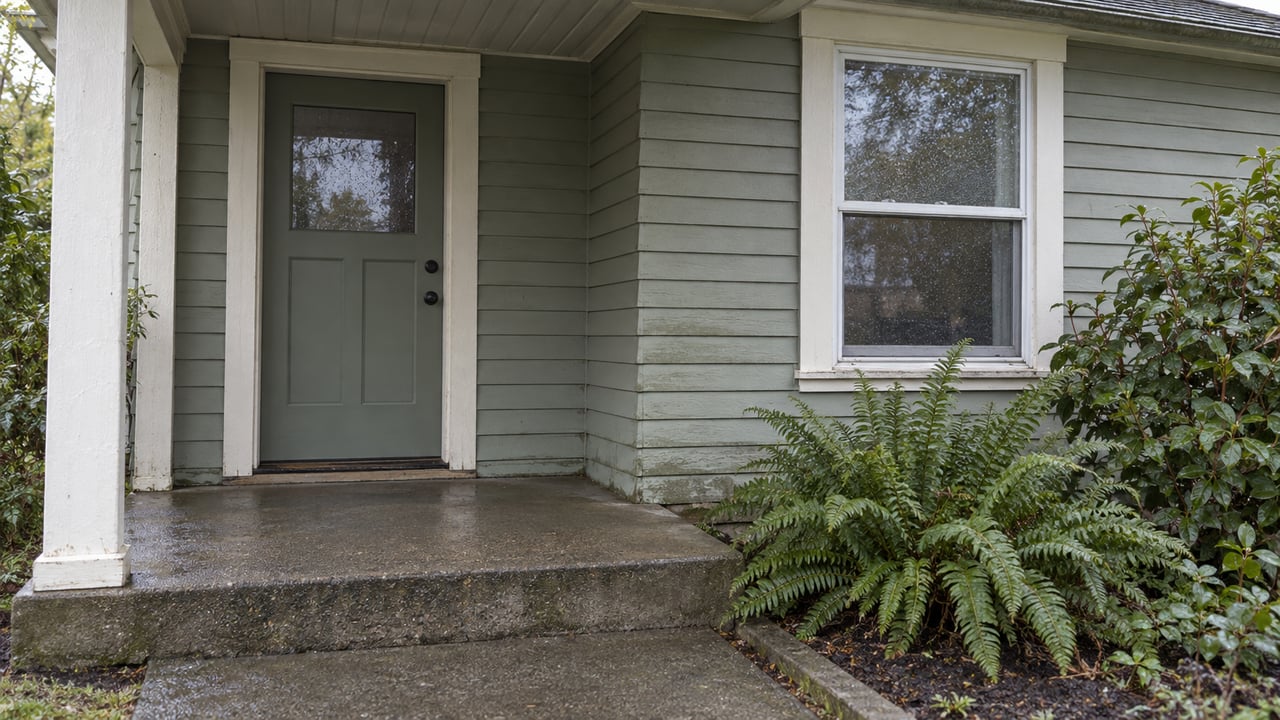 A weathered gray-green cedar house with a recessed glass-paneled door, double-hung window, concrete step, and sword fern.