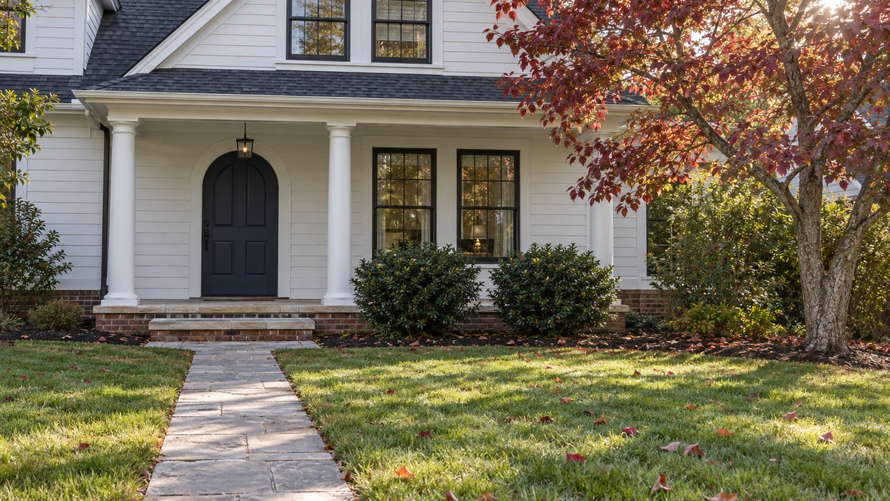 White-sided home with a navy arched door, brick foundation, stone walkway, and burgundy-leaved dogwood.