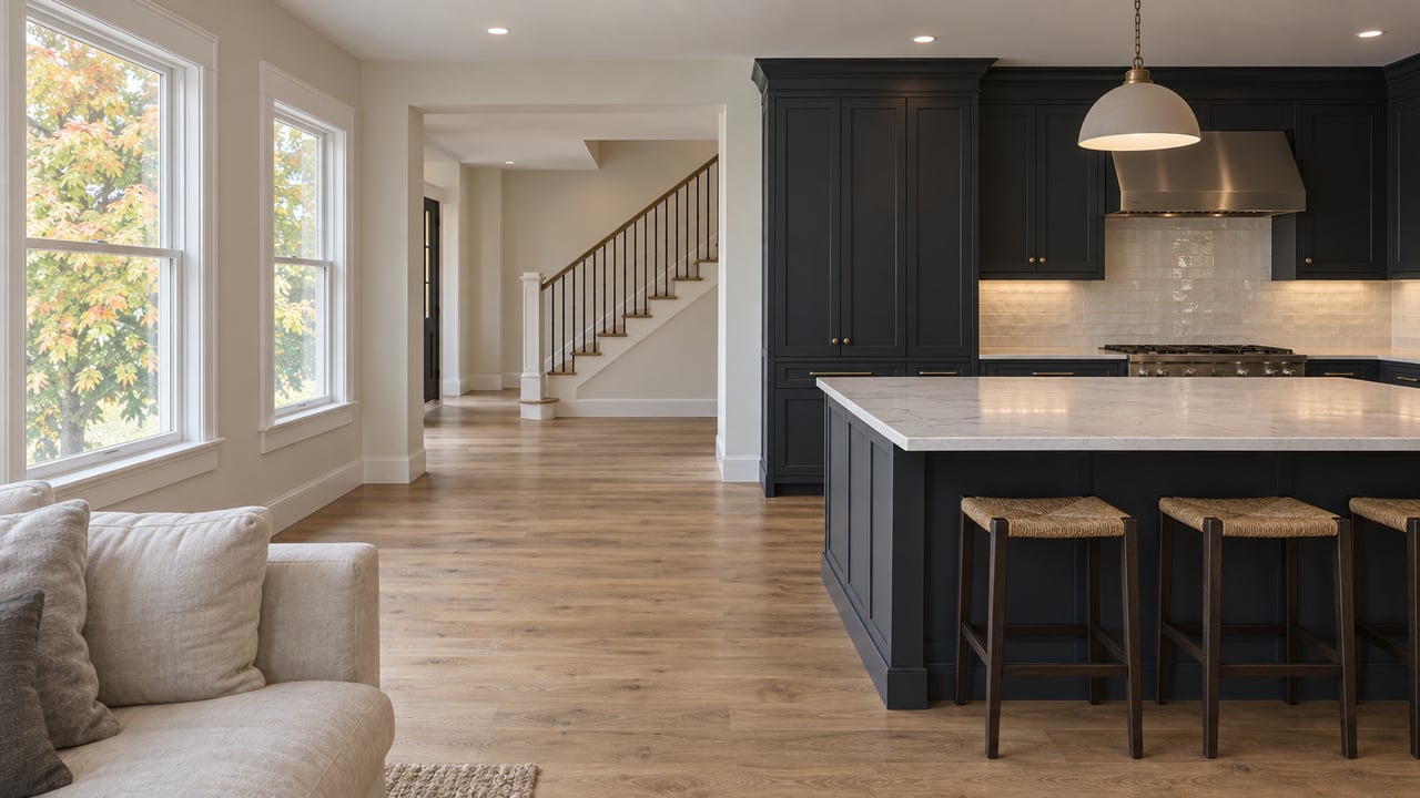 Open kitchen with ink-painted island, oak floors, sash windows, and a staircase beyond.