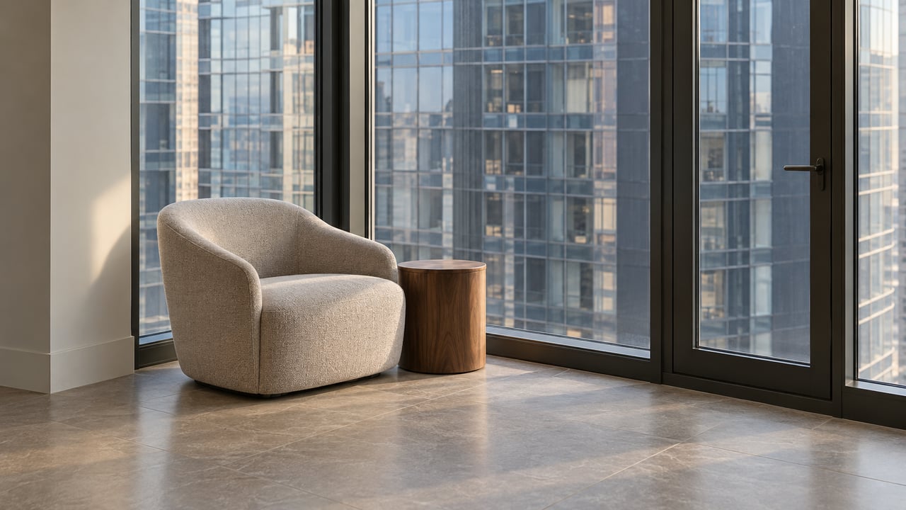 A wool reading chair and walnut side table beside dark-framed floor-to-ceiling windows in a quiet high-rise living room.