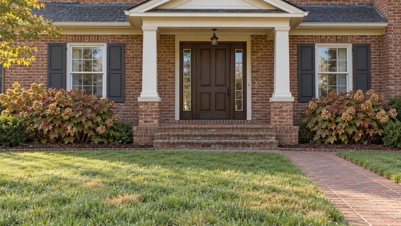 A deep, slightly autumn-dry lawn leads to a red-brick home with an ivory portico, paired shutters and oakleaf hydrangeas.