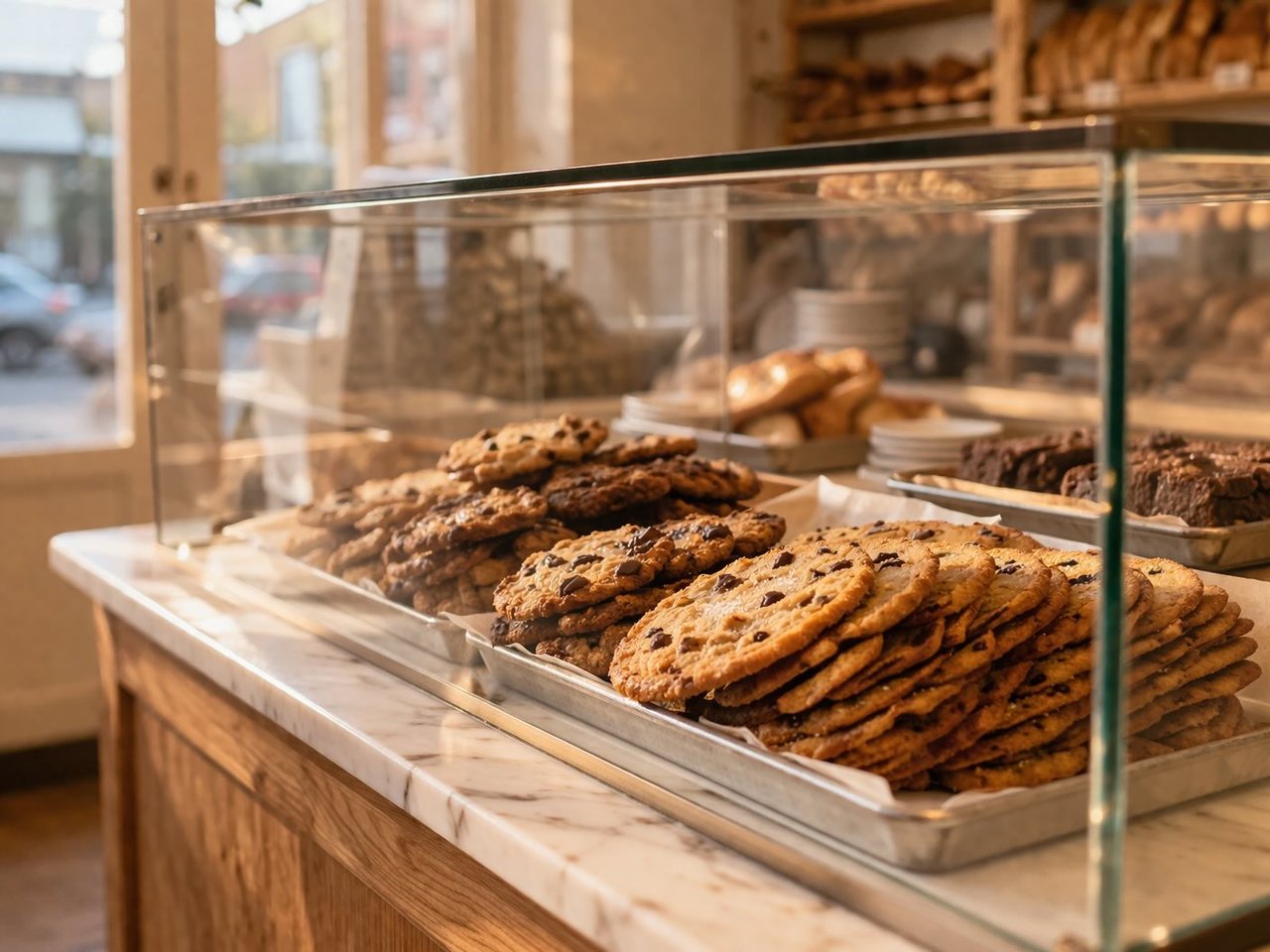 fresh baked cookies and pastries on display in a bakery