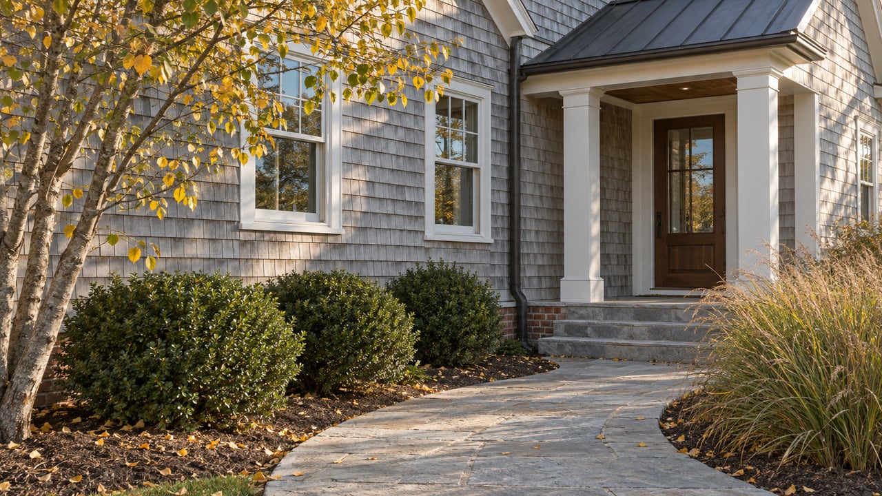 Coastal house entry with silver-gray shingles, a curved limestone path, and yellowing serviceberry branches.