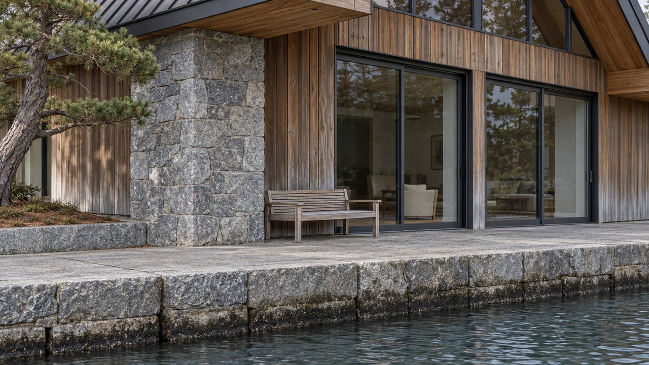 Cedar-clad waterfront home with a sheltered glass doorway, granite pier, teak bench, and stone terrace edge above still water.