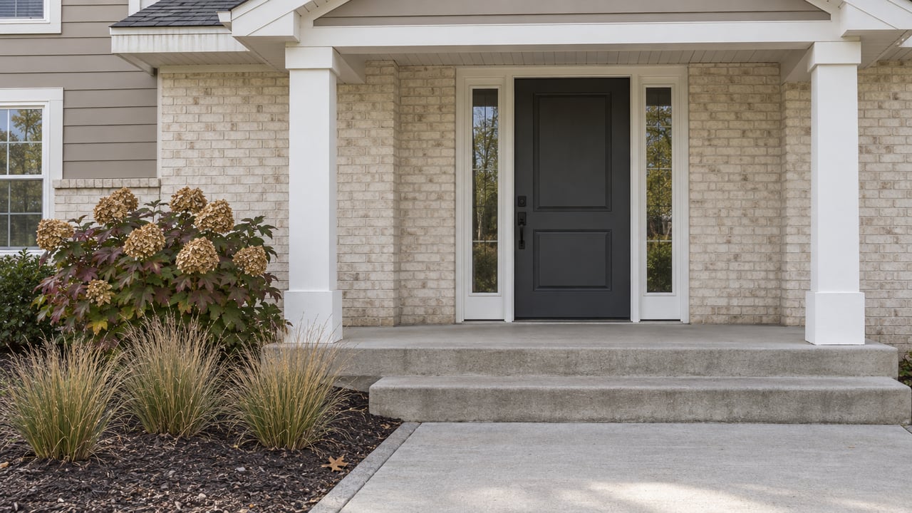 Cream-brick home entry with a charcoal front door, white porch posts, concrete steps and autumn oakleaf hydrangea.