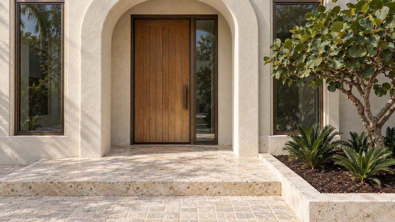 Cream stucco residential entry with an oak door, bronze-framed windows, shellstone steps and a sculptural sea grape tree.