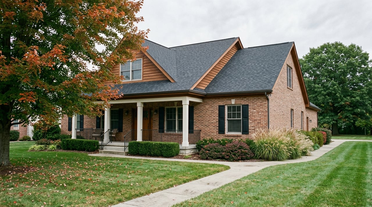 Two-story brick-and-stone house with a covered porch, curving walkway, broad lawn, and maple turning red.