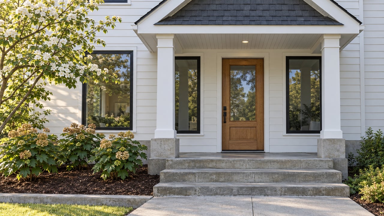 White-sided home with a covered porch, wooden front door, and broad concrete steps.