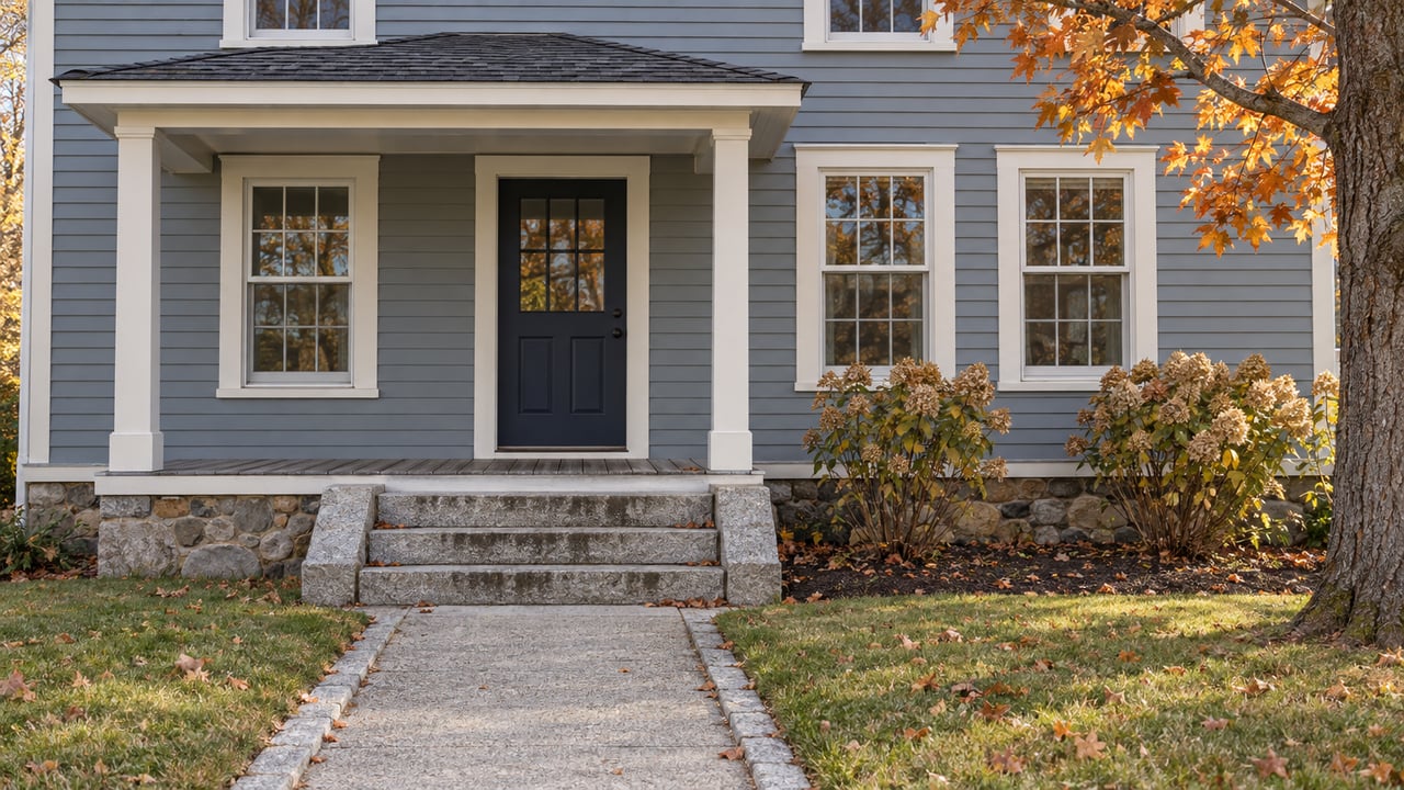 Blue-gray clapboard home with a covered front entry, granite steps, autumn lawn and dried hydrangea flowers.