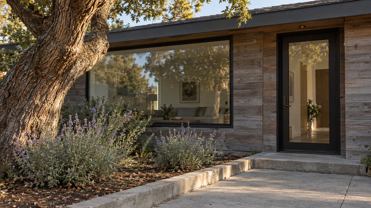 Weathered cedar house with black-framed entry beside a mature oak, concrete walk, and planted soil bed.