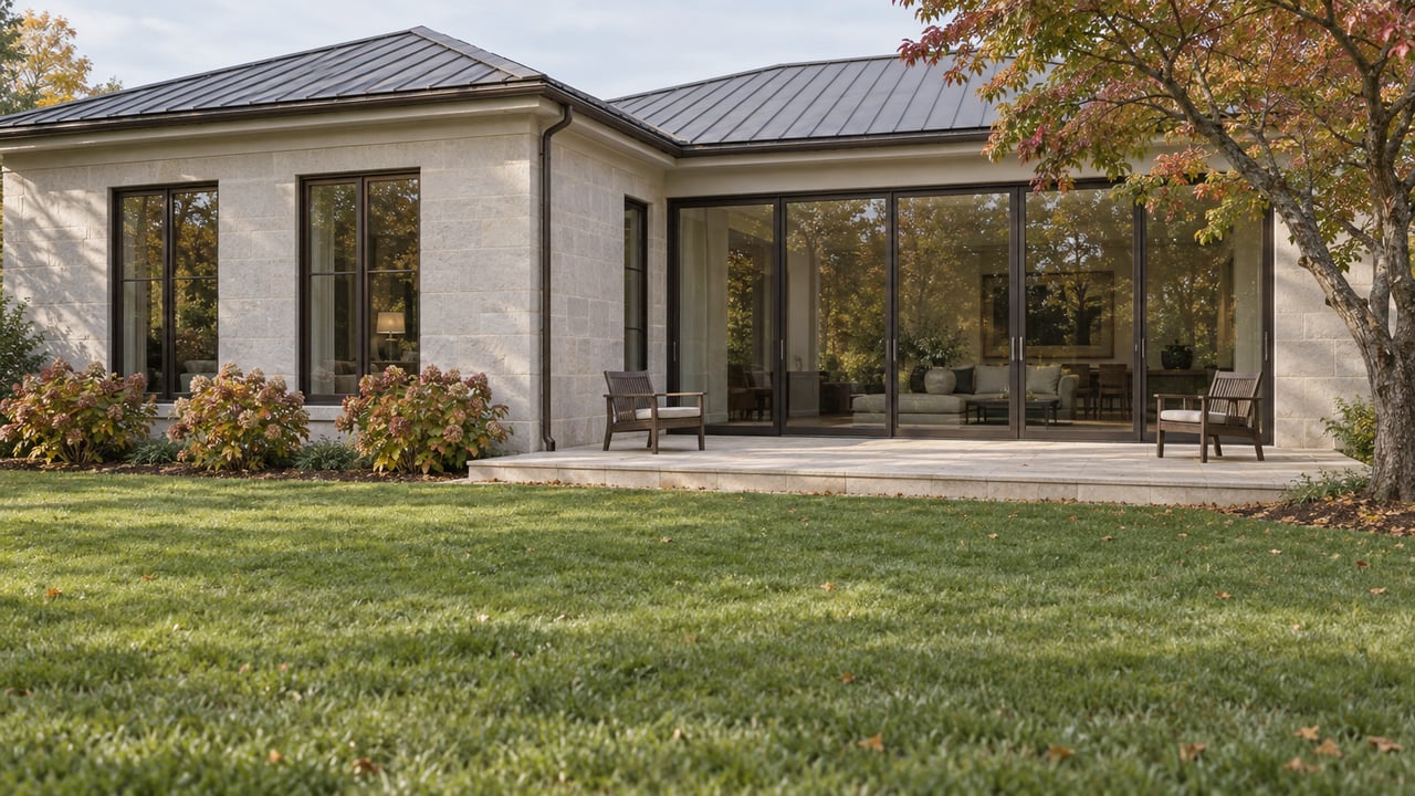 Detached limestone house with dark-framed glazing, a raised terrace, two oak chairs, and a lawn beneath a spreading tree.