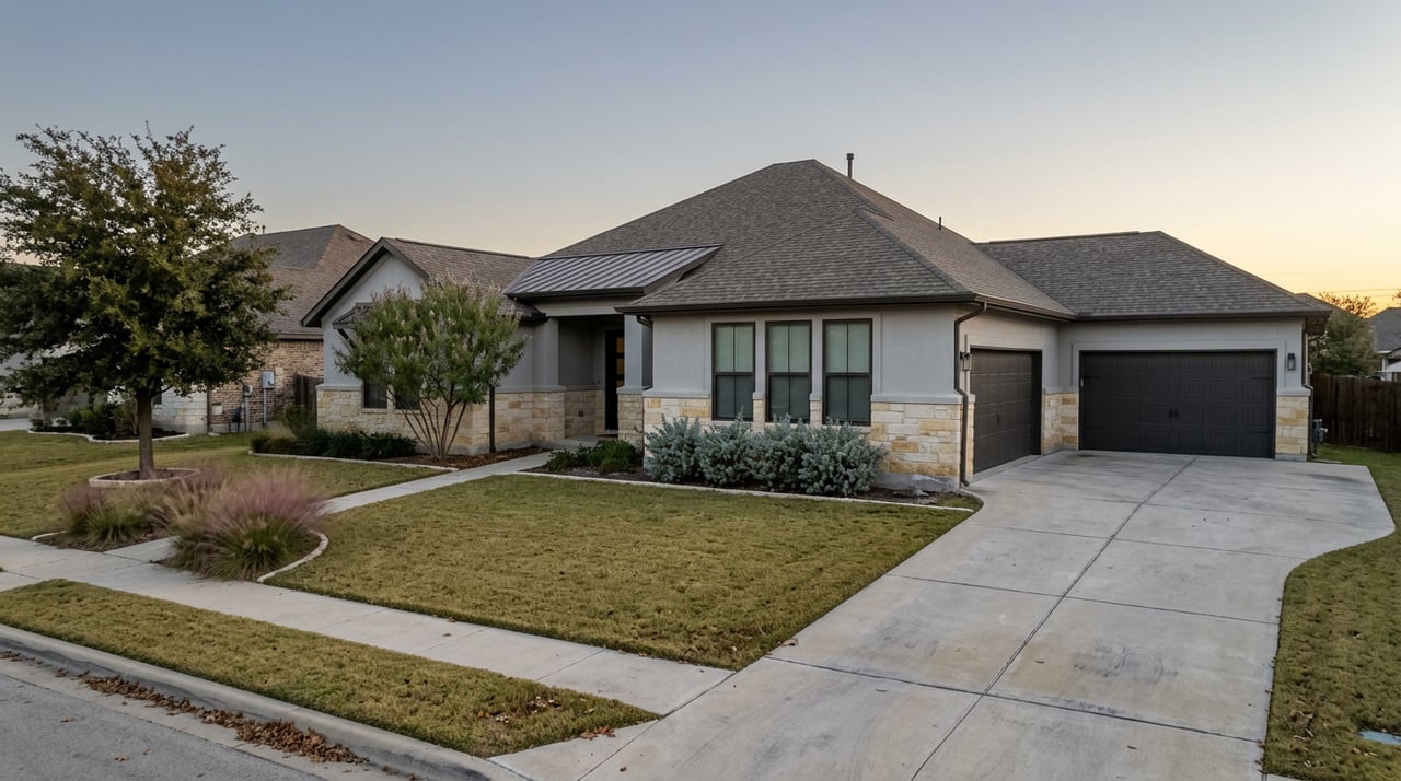 Suburban stone-and-stucco house with a two-car garage, broad lawn, and mature oak in blue-grey dawn light.