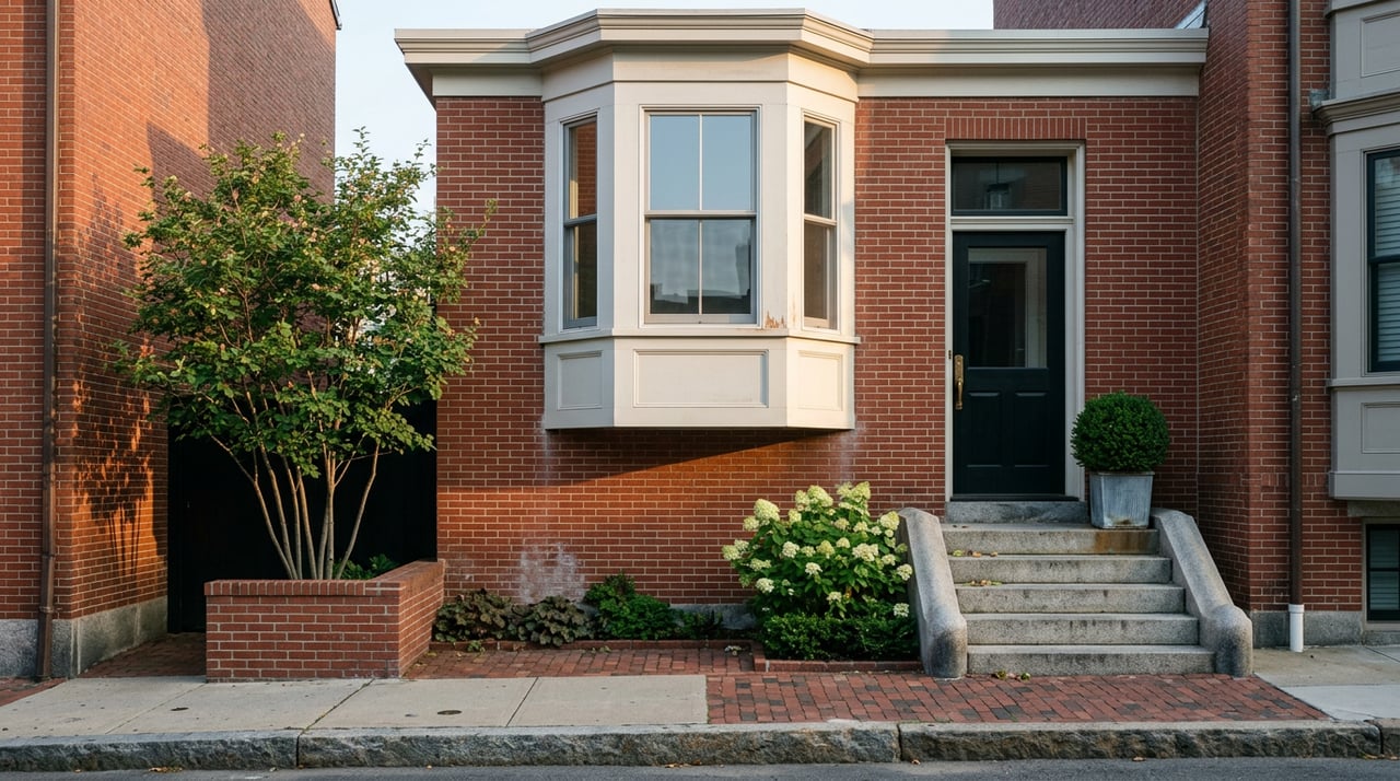 Red-brick rowhouse facade with a projecting bay window, black entry door, granite stoop, and flowering shrub.