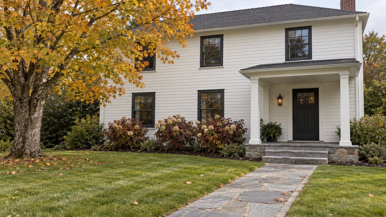 White clapboard home with dark shingles, a stone porch and a deep autumn lawn beside a yellow-orange sugar maple.
