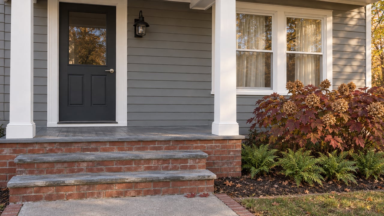 Gray clapboard home entrance with white trim, brick and bluestone steps, and burgundy oakleaf hydrangea in autumn light.