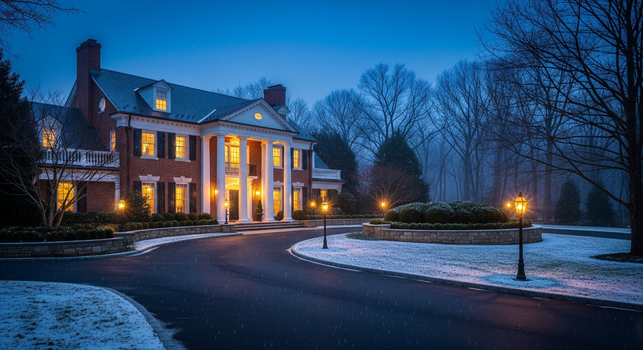 Illuminated brick mansion with white columns beside a curved, snow-dusted driveway at dusk.