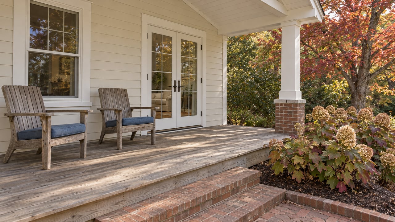 Covered cottage porch with weathered wood chairs, cream siding, brick steps and red maple foliage in soft autumn light.