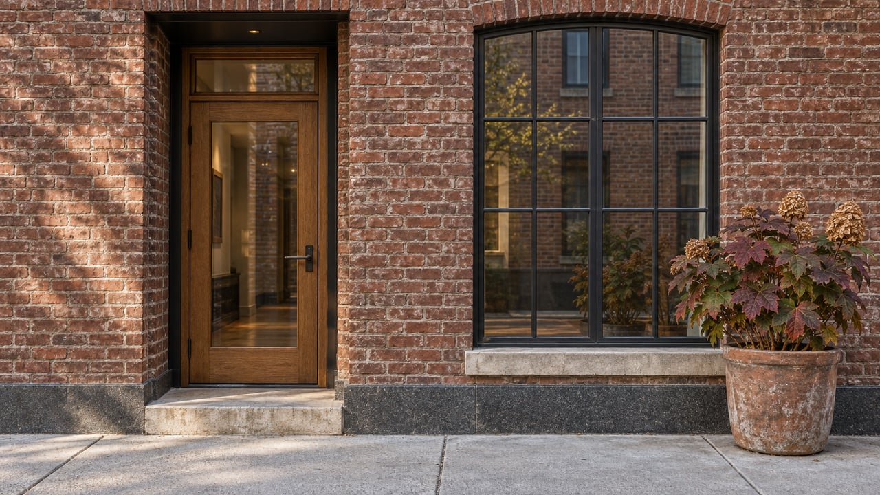 Weathered red-brick residential entrance with a glazed oak door, tall steel-framed window and potted oakleaf hydrangea.