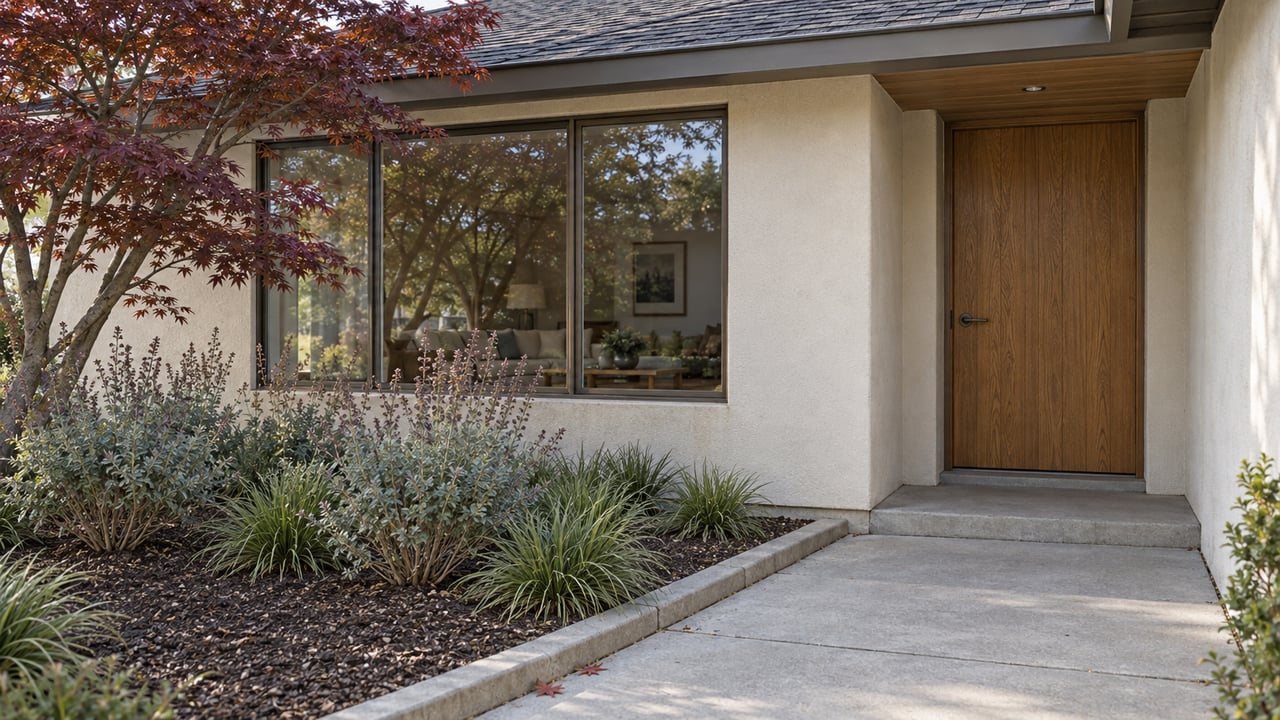 An ivory stucco home with a recessed oak entry, bronze-framed window and a garden of burgundy Japanese maple and flowering sage.
