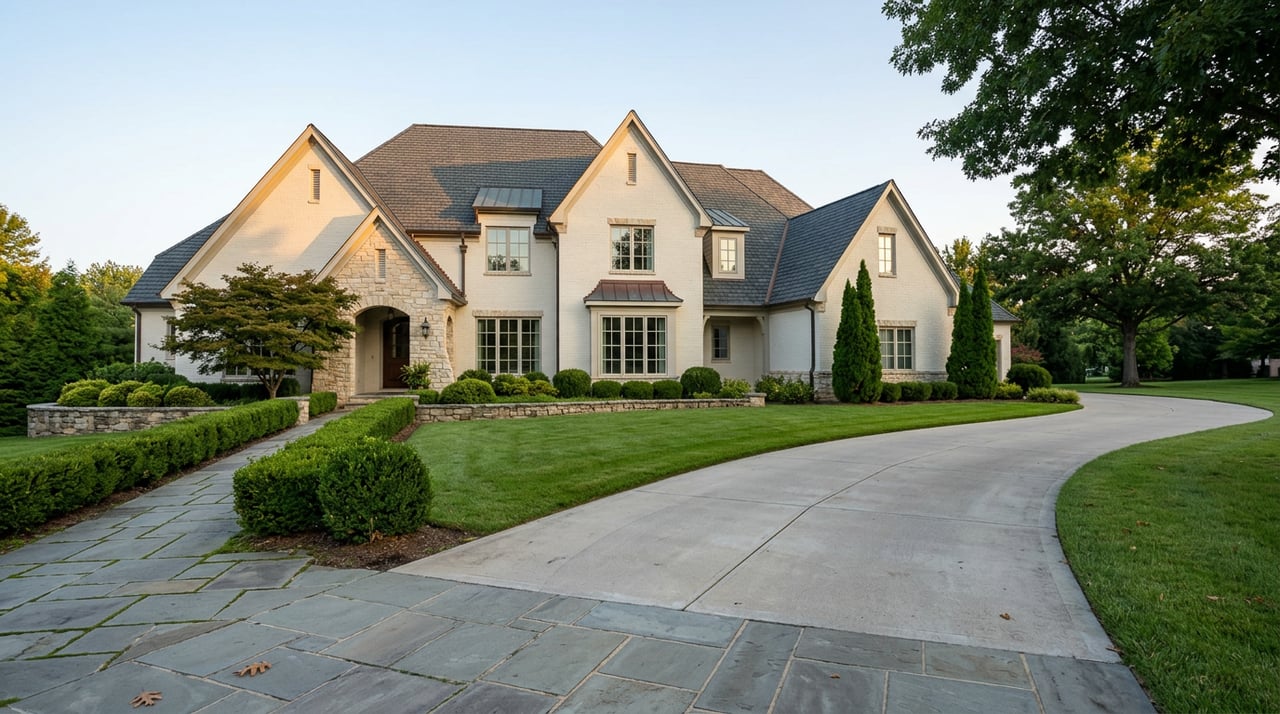 Custom brick-and-stone estate with a multi-gabled roof, curving driveway, broad lawn, and mature trees.