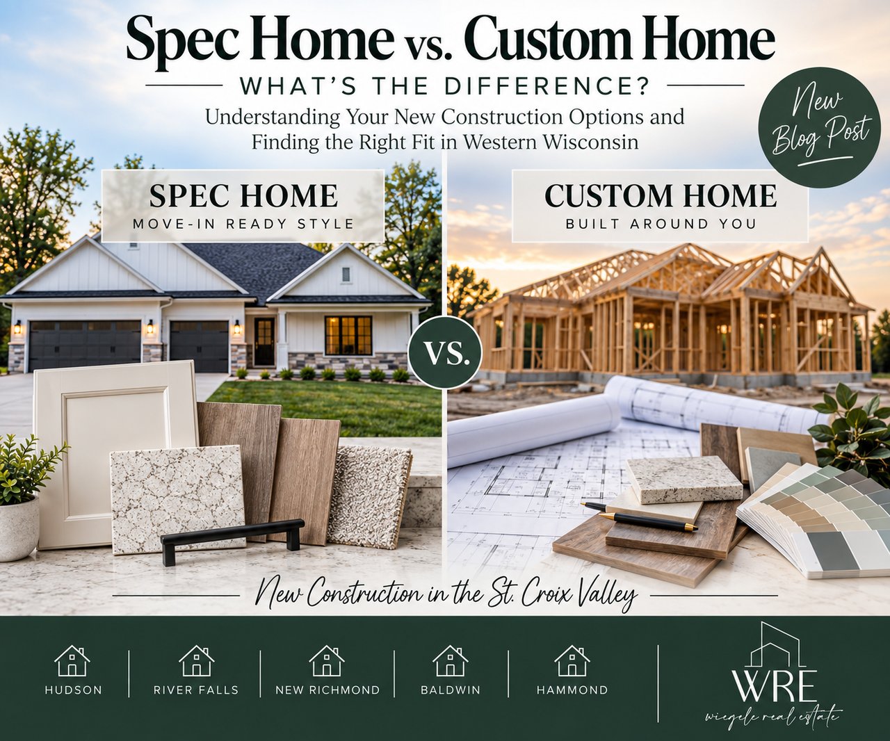 Graphic comparing spec and custom homes, with a finished house, a home under construction, and design materials.