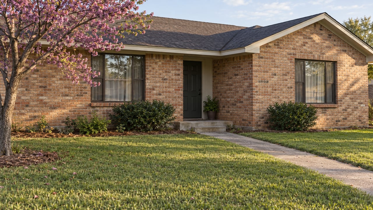 Buff-and-rose brick house with a recessed entry, concrete walkway, broad lawn, and a mature tree.