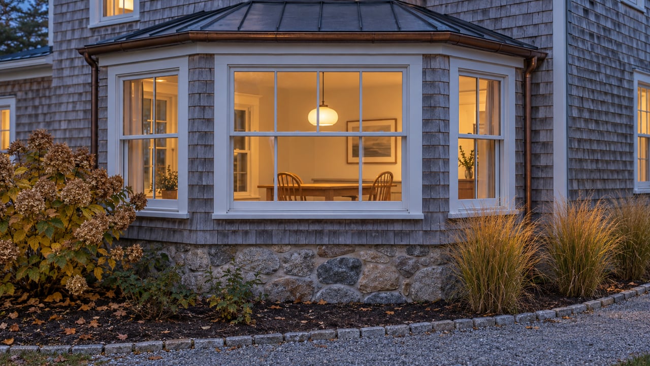 Weathered cedar-shingle dining bay with warmly lit closed windows, granite foundation and autumn garden beside a gravel path.