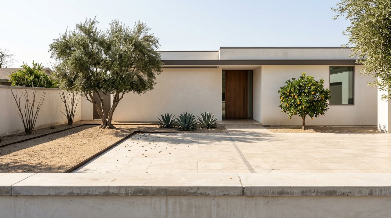 Modern stucco home behind a travertine driveway, with a mature olive tree, fruit-laden citrus tree, and agaves.