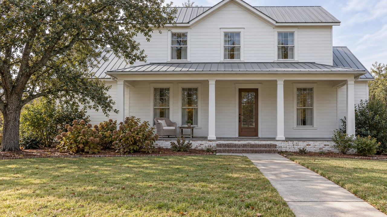 White two-story home with a metal roof and covered porch, viewed across a broad lawn beside a spreading live oak.