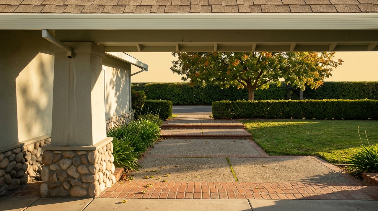 Porch with river-rock column, brick steps, and walkway leading to clipped hedge and mature tree.