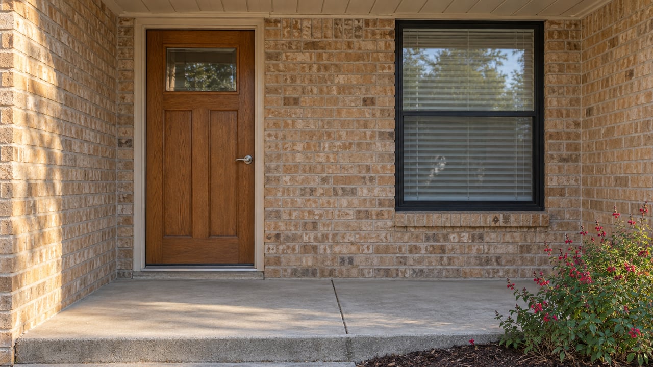 Close view of a sheltered brick home entry with a warm oak door, black-framed window and red-flowering autumn sage beside a concrete porch.