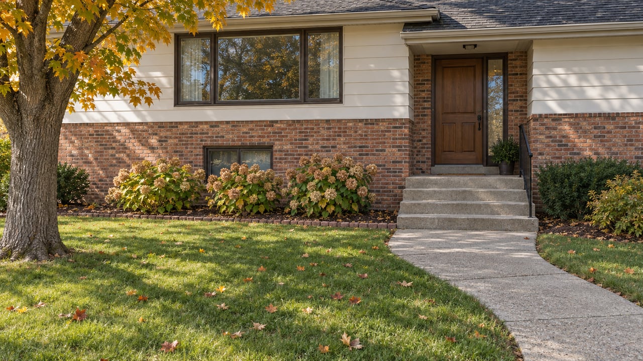 Older raised-ranch home with red-brown brick, white siding and a sheltered entry beyond a deep autumn lawn.
