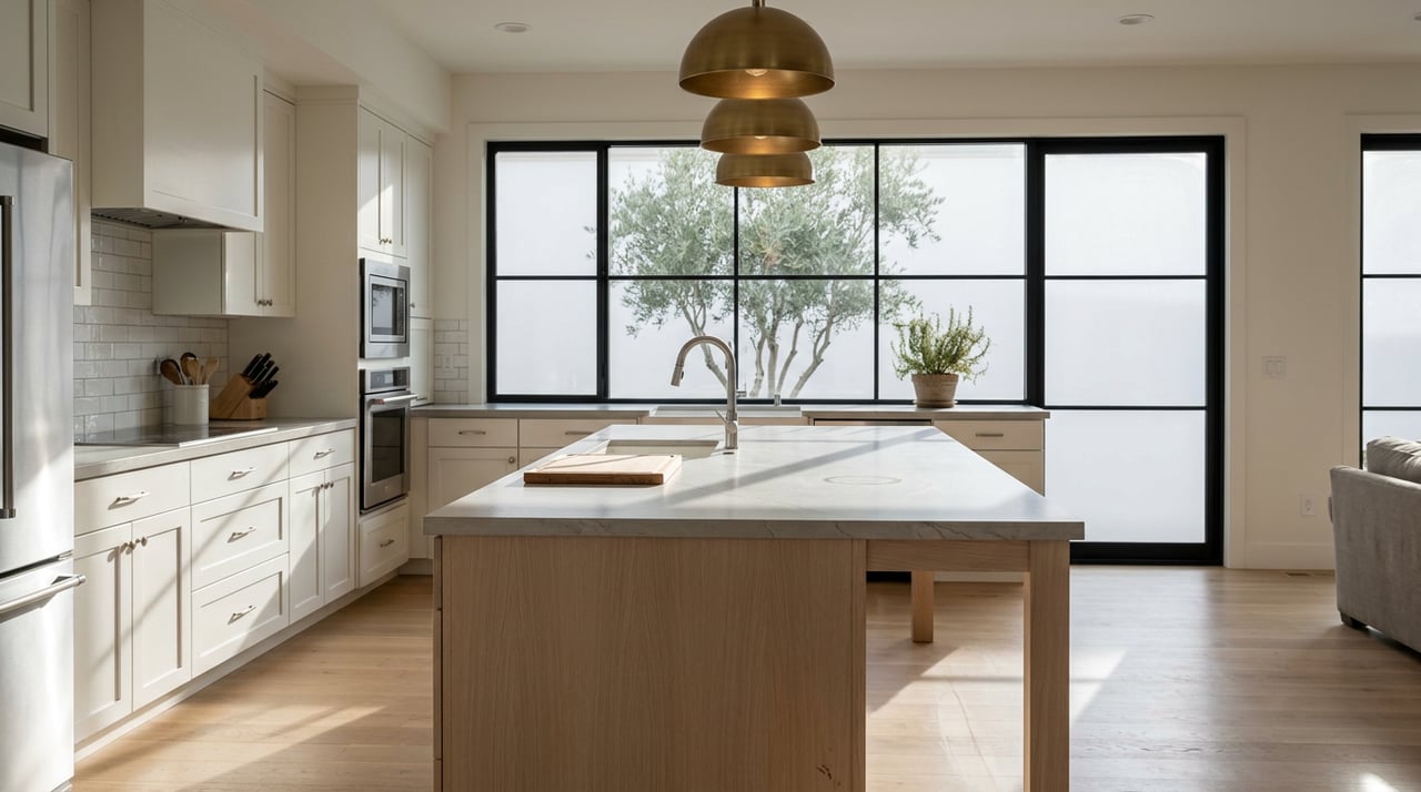 White shaker kitchen with a pale oak island, brass pendant lights, and sunlight casting window shadows across gray quartz.