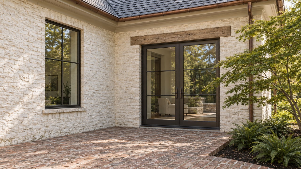 Limewashed brick garden-room corner with slate eaves, bronze steel glazing and a weathered brick terrace beside a Japanese maple.
